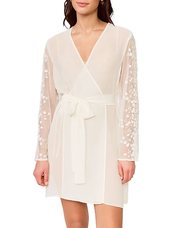 Rya Collection Tidal Long Sleeve V-Neck Chiffon & Embroidered Netting Short Bridal Lingerie Robe