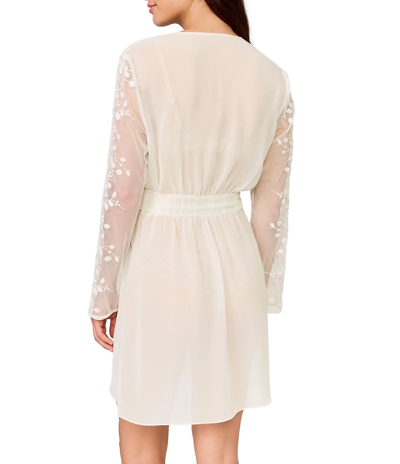 Rya Collection Tidal Long Sleeve V-Neck Chiffon & Embroidered Netting Short Bridal Lingerie Robe