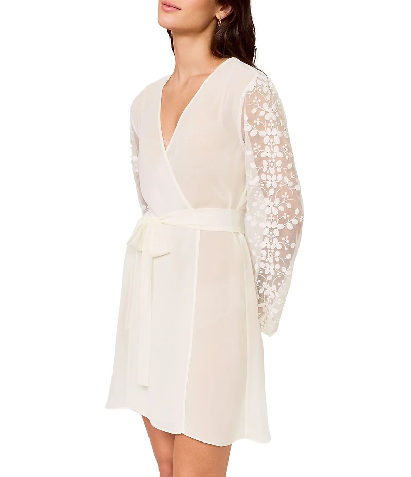 Rya Collection Tidal Long Sleeve V-Neck Chiffon & Embroidered Netting Short Bridal Lingerie Robe