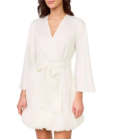 Rya Collection Villa Long Sleeve V-Neck Charmeuse Organza Petal Hem Bridal Lingerie Robe
