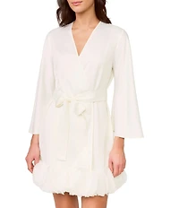 Rya Collection Villa Long Sleeve V-Neck Charmeuse Organza Petal Hem Bridal Lingerie Robe