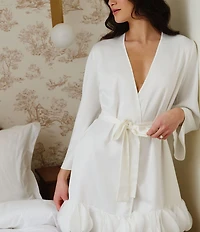 Rya Collection Villa Long Sleeve V-Neck Charmeuse Organza Petal Hem Bridal Lingerie Robe