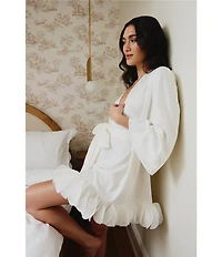 Rya Collection Villa Long Sleeve V-Neck Charmeuse Organza Petal Hem Bridal Lingerie Robe