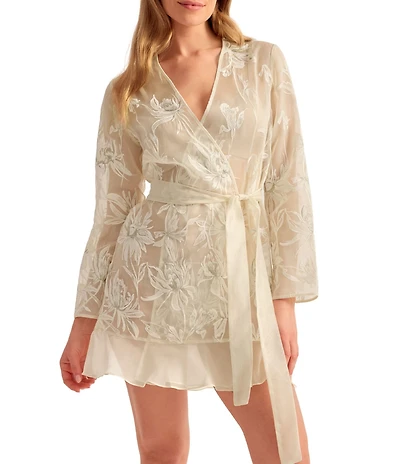 Rya Collection Voltaire Embroidered Charmeuse Long Sleeve Short Robe