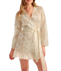 Rya Collection Voltaire Embroidered Charmeuse Long Sleeve Short Robe
