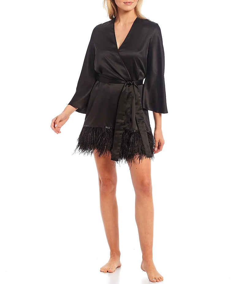 Rya Collection Swan Charmeuse Ostrich Feather Trim Hem 3/4 Sleeve Robe