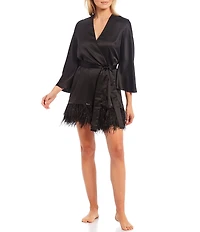 Rya Collection Swan Charmeuse Ostrich Feather Trim Hem 3/4 Sleeve Robe