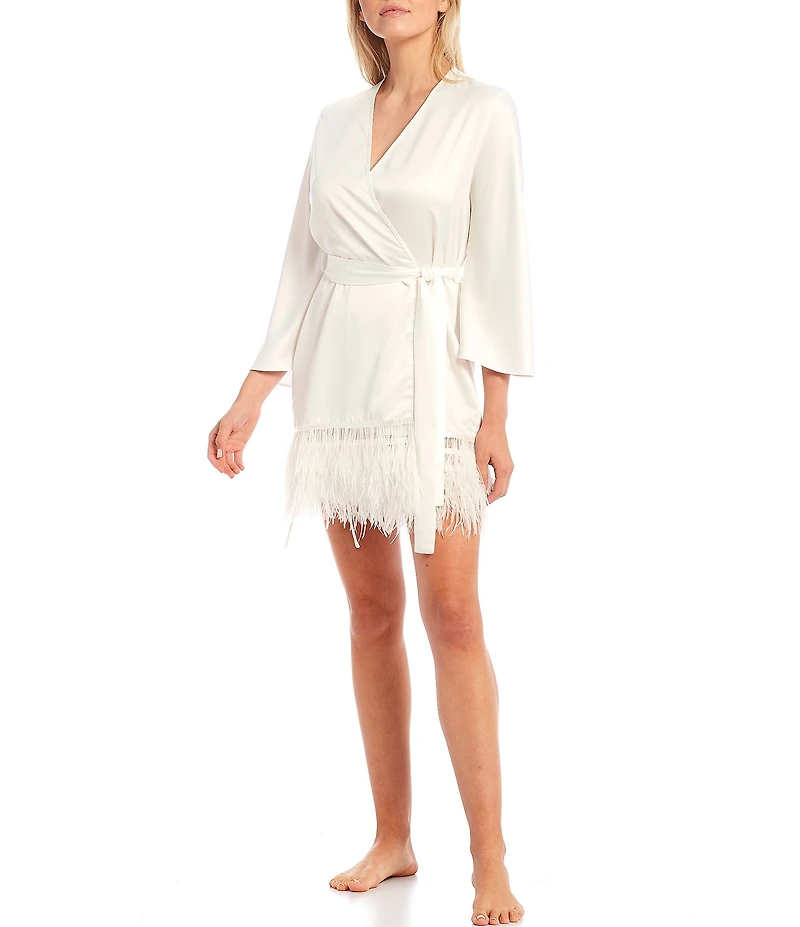 Rya Collection Swan Charmeuse Ostrich Feather Trim Hem 3/4 Sleeve Robe