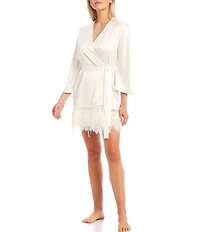 Rya Collection Swan Charmeuse Ostrich Feather Trim Hem 3/4 Sleeve Robe