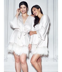 Rya Collection Swan Charmeuse Ostrich Feather Trim Hem 3/4 Sleeve Robe