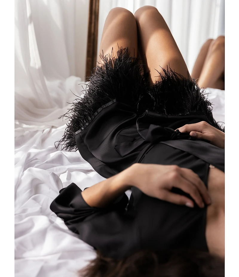 Rya Collection Swan Charmeuse Ostrich Feather Trim Hem 3/4 Sleeve Robe