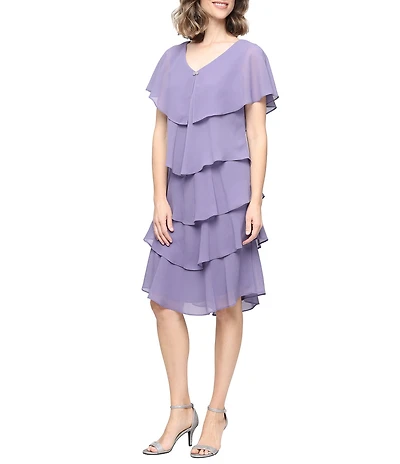 Ignite Evenings Jewel V-Neck Short Sleeve Georgette Tiered Capelet Shift Dress