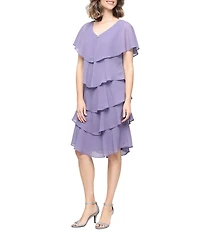 Ignite Evenings Jewel V-Neck Short Sleeve Georgette Tiered Capelet Shift Dress