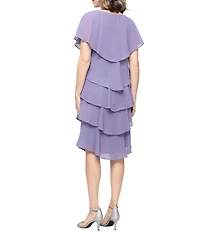 Ignite Evenings Jewel V-Neck Short Sleeve Georgette Tiered Capelet Shift Dress