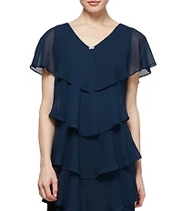 Ignite Evenings Jewel V-Neck Short Sleeve Georgette Tiered Capelet Shift Dress