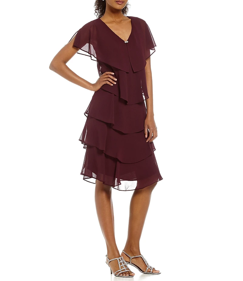Ignite Evenings Jewel V-Neck Short Sleeve Georgette Tiered Capelet Shift Dress