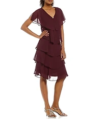 Ignite Evenings Jewel V-Neck Short Sleeve Georgette Tiered Capelet Shift Dress