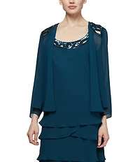 Ignite Evenings Sequin Detail Scoop Neck Long Sleeve Chiffon Tiered 2-Piece Jacket Dress