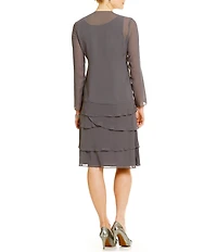Ignite Evenings Sequin Detail Scoop Neck Long Sleeve Chiffon Tiered 2-Piece Jacket Dress