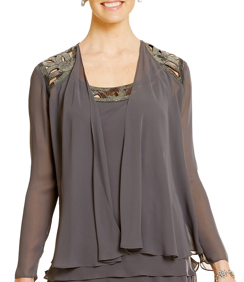 Ignite Evenings Sequin Detail Scoop Neck Long Sleeve Chiffon Tiered 2-Piece Jacket Dress