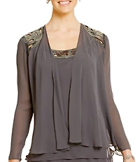 Ignite Evenings Sequin Detail Scoop Neck Long Sleeve Chiffon Tiered 2-Piece Jacket Dress