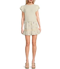 Sadie & Sage Floral Print Ruffle Hem Crochet Lace Trim Mini Skirt