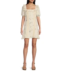 Sadie & Sage Floral Print Square Neck Short Sleeve Ruffled Crochet Lace Trim Mini Dress