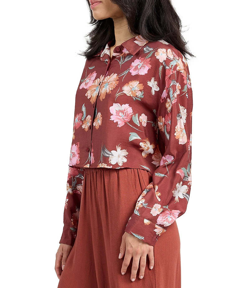 Sadie & Sage Floral Wine Button Front Cropped Shirt