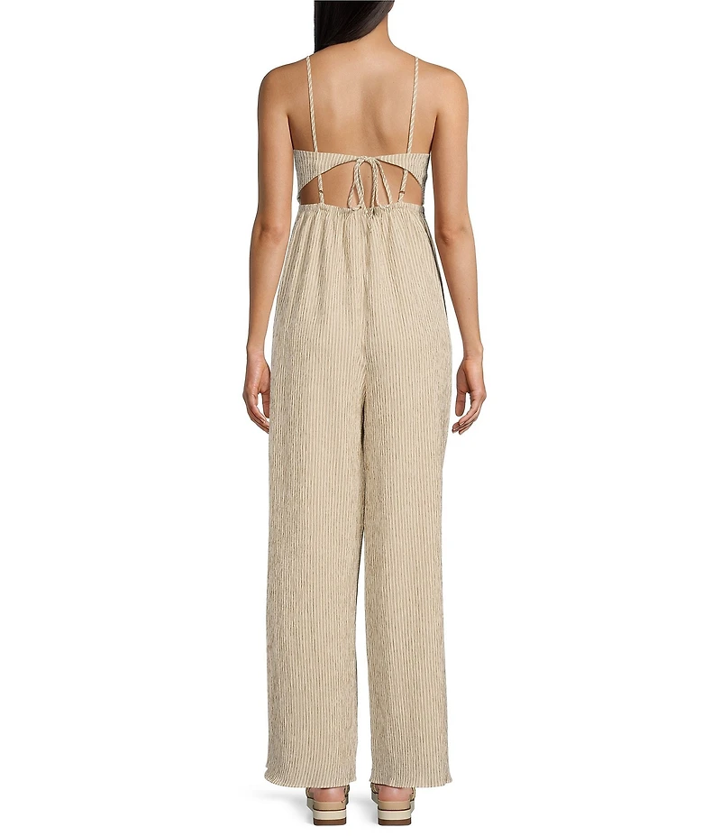 Sadie & Sage In The Clouds Woven Stripe Spaghetti Strap Tie Back Wide Leg Jumpsuit