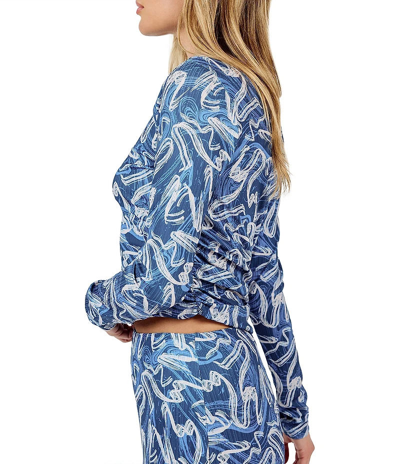 Sadie & Sage Printed Texture Knit High Neck Long Sleeve Side Ruched Fitted Top