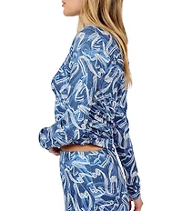 Sadie & Sage Printed Texture Knit High Neck Long Sleeve Side Ruched Fitted Top
