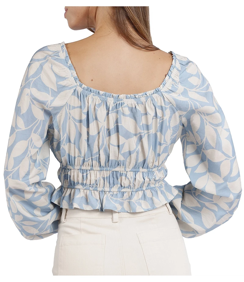 Sadie & Sage Printed Woven Scoop Neck Long Sleeve Smocked Waist Cropped Peplum Top