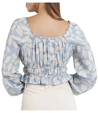 Sadie & Sage Printed Woven Scoop Neck Long Sleeve Smocked Waist Cropped Peplum Top