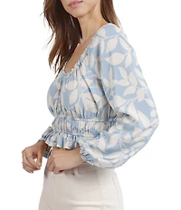 Sadie & Sage Printed Woven Scoop Neck Long Sleeve Smocked Waist Cropped Peplum Top