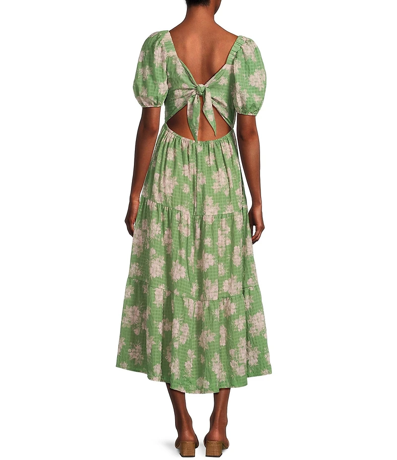 Sadie & Sage Rainy Days Textured Woven Floral Print Square Neck Short Sleeve Tie Back Tiered Maxi Dress