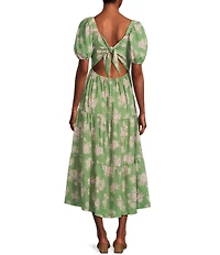 Sadie & Sage Rainy Days Textured Woven Floral Print Square Neck Short Sleeve Tie Back Tiered Maxi Dress