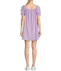 Sadie & Sage Sheer Textured Drawstring Scoop Neck Short Ruffle Sleeve Dress
