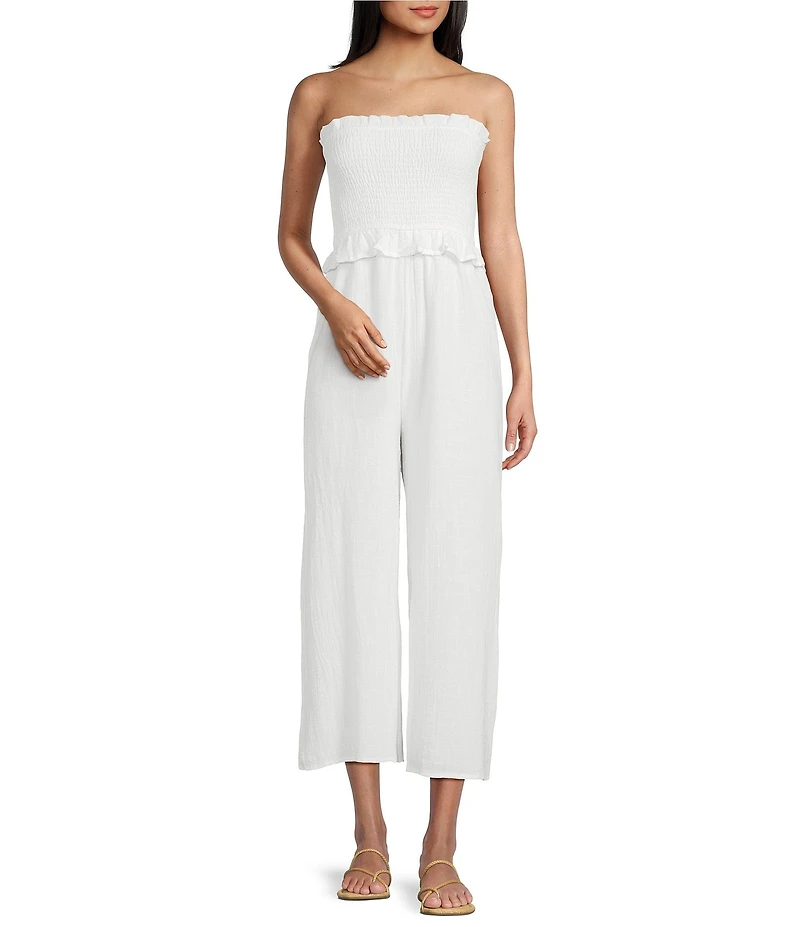 Sadie & Sage Strapless Smocked Bodice Wide Leg Jumpsuit