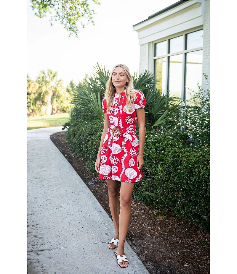 SAIL to SABLE Sea Stripe Print Mandarin Collar Short Puff Sleeve Belted Shirt Dress