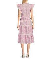 SAIL to SABLE Woven Baroque Floral Split Neck Flutter Sleeve Ric Rac Tiered Midi Dress
