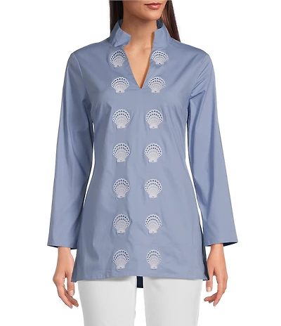 SAIL to SABLE x Palm Beach Lately Embroidered Shell Mandarin V-Neck Long Sleeve Tunic