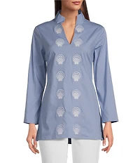 SAIL to SABLE x Palm Beach Lately Embroidered Shell Mandarin V-Neck Long Sleeve Tunic