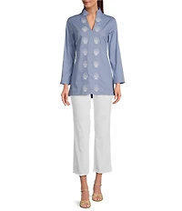 SAIL to SABLE x Palm Beach Lately Embroidered Shell Mandarin V-Neck Long Sleeve Tunic