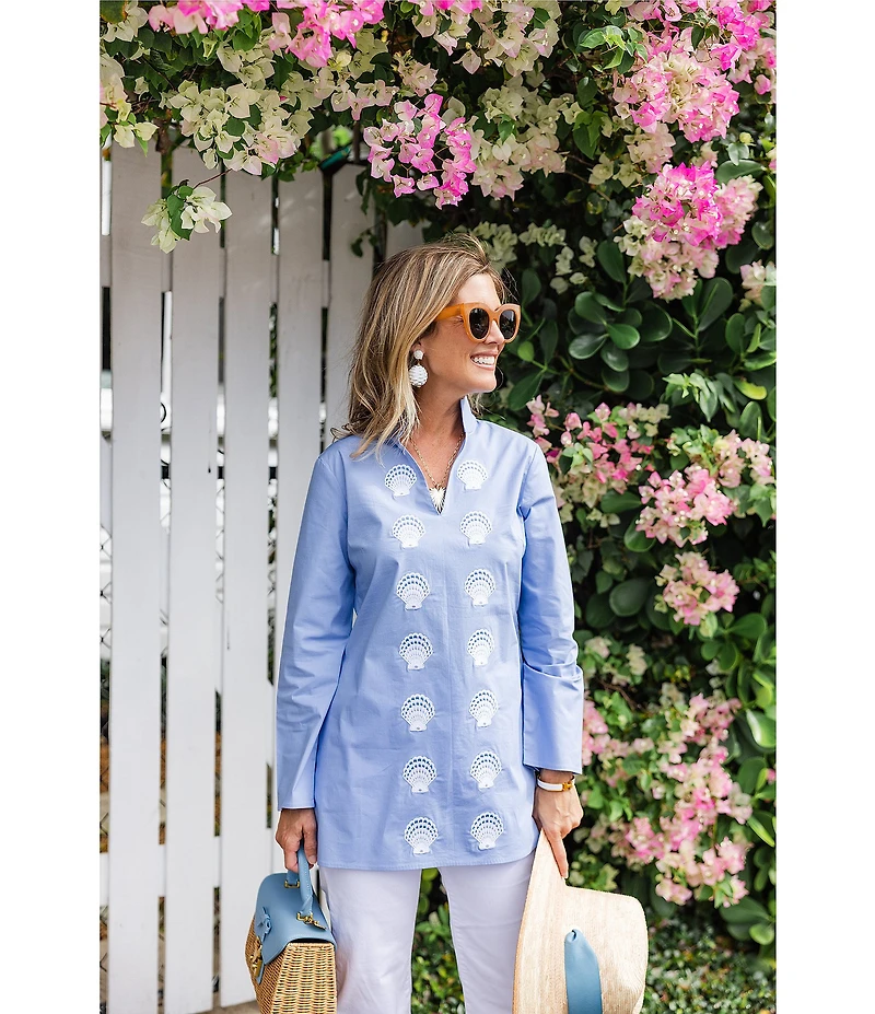 SAIL to SABLE x Palm Beach Lately Embroidered Shell Mandarin V-Neck Long Sleeve Tunic