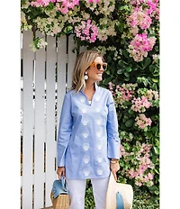 SAIL to SABLE x Palm Beach Lately Embroidered Shell Mandarin V-Neck Long Sleeve Tunic