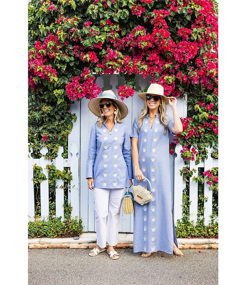 SAIL to SABLE x Palm Beach Lately Embroidered Shell Mandarin V-Neck Long Sleeve Tunic