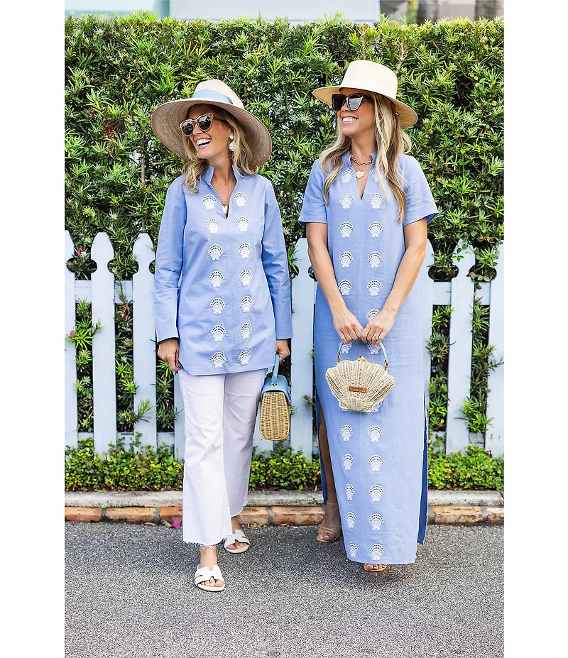 SAIL to SABLE x Palm Beach Lately Embroidered Shell Mandarin V-Neck Long Sleeve Tunic