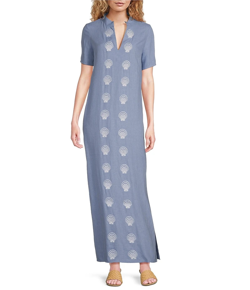 SAIL to SABLE x Palm Beach Lately Embroidered Shell Mandarin V-Neck Short Sleeve Caftan Maxi Dress