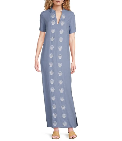 SAIL to SABLE x Palm Beach Lately Embroidered Shell Mandarin V-Neck Short Sleeve Caftan Maxi Dress