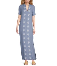 SAIL to SABLE x Palm Beach Lately Embroidered Shell Mandarin V-Neck Short Sleeve Caftan Maxi Dress